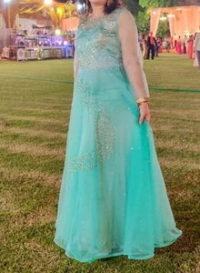 Turquoise Evening Gown, Stone Work Over Net , Ver