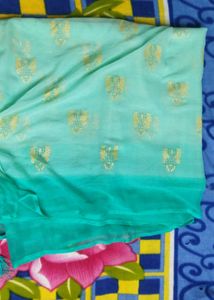 Beautiful Saree With Golden Flowers Design
