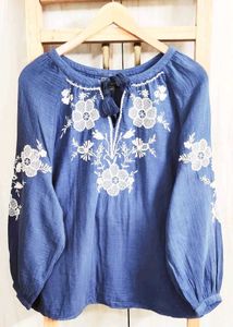 Blue Embroidered Peasant Blouse Size-44