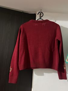 Embroidered Maroon Knit Sweater