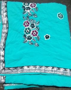 Teal Floral Embroidered Saree