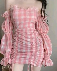 Pink Plaid Off-Shoulder Dress