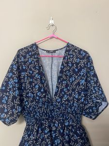 Navy Blue Printed Midi Dress/Shrug