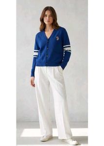 Unisex Blue Striped Cardigan Sweater