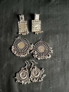 Silver-Toned Earring Set with Intricate Designs
