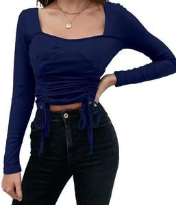 Navy Blue Ruched ribbed  Drawstring Top
