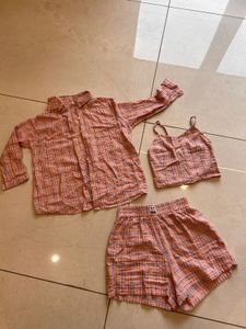 Pink Plaid Co Ords Set Of 3 Pieces