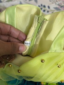 Lime Green And Sea Blue Asymmetrical Layered Gown