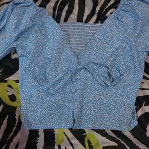 Blue Floral Puff Sleeves Crop Top
