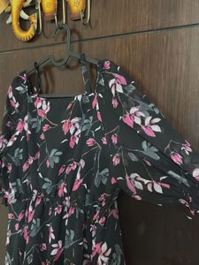 Black Floral Print Midi Dress