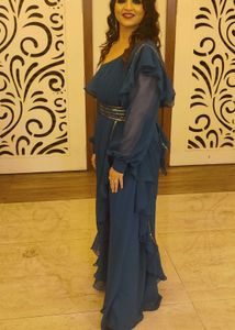 Elegant Blue Drape Saree With Bishop Sleeves