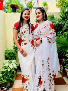 Today Offer Elegant White Floral Saree