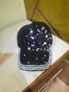 Rhinestone Embellished Black Cap