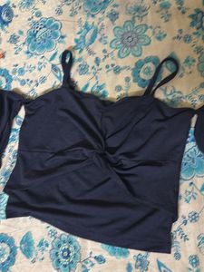 Navy Blue Bardot Crop Top with Bow | Sleeveless |