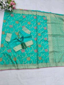 Teal Banarasi Silk Saree with Blouse