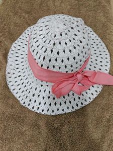 Stylish White Sun Hat with Pink Ribbon for Girls