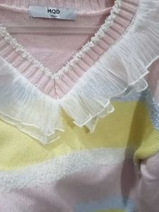 Pastel Striped Sweater with Ruffle Collar