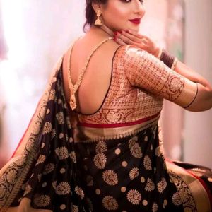 Black Colour Saree With Red Blouse Fabric