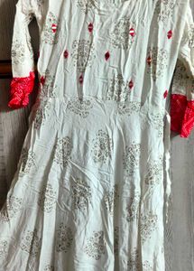 Beautiful White Anarkali With Red Thread Work