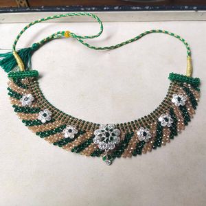 925 Silver Green&amp; Cream Beads Necklace