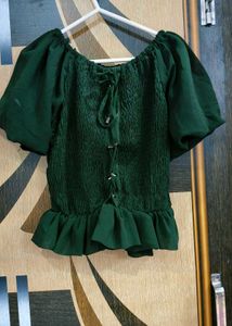 Green Shirred Peplum Top