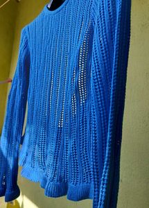 Blue knit, chic crochet top/shrug.