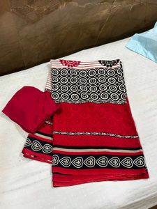 Elegant Red And Black Printed Saree With Blouse