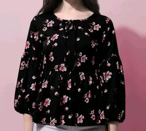 Floral Print Women Black Top