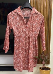 Rust - Floral Print Shirt Dress Size - 34-36