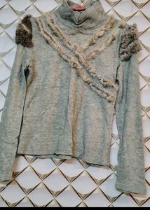 Grey Top with Fur Detail