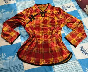 Vintage Style Plaid Mandarin Collar Velvet Top