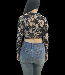 Floral Mesh Long Sleeve Crop Top