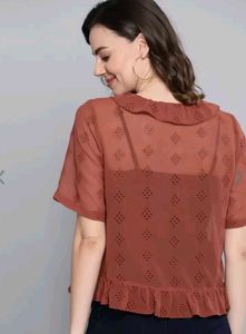 Rust Brown Schiffli Embroidery Sheer Top