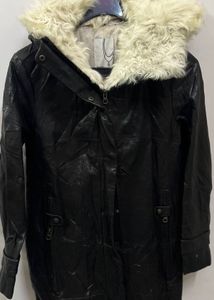 Black Faux Leather Fur Hooded Coat