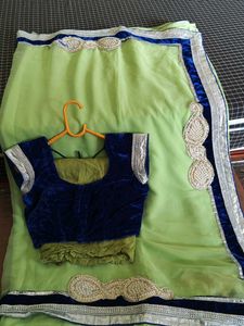Pista And Blue Color Velvet Touch Saree