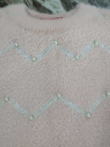 Pink Fuzzy Pearl Embellished Woolen Top