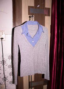 Grey V-Neck Knit Top with Blue Shirt