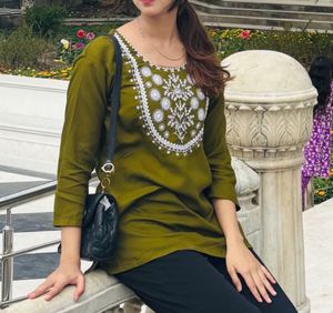 Embroidered Olive Green Kurti