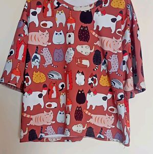 Kawaii Cat Print T-shirt (Rusty Orange)