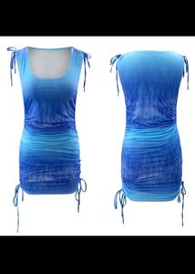 Blue Tie Dye Ruched Mini Dress.
