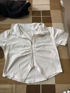 White Ruched Zip-Up Crop Top