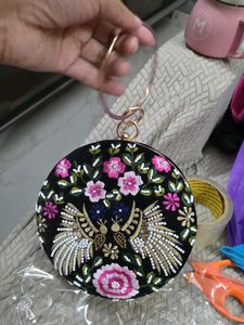 Black Velvet Pink Embroidery Round Hand Clutch