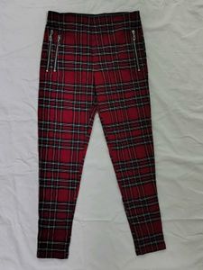 ZARA, Red Plaid Print Pants
