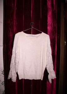 Elegant Cream Sweater w/ Lace Sleeves