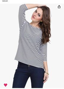 3/4th Sleeves White &amp; Blue Strip Top For Women