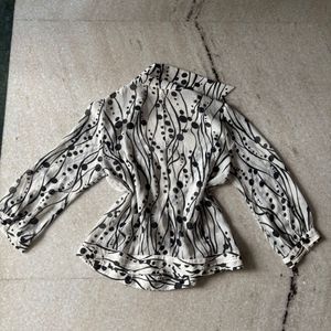 White &amp; Black Swirl Dot Print Blouse – Sheer Style