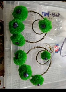 Green Pom-Pom Hoop Earrings