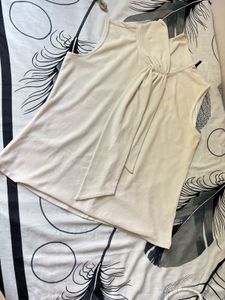 Beige Bow Neck Sleeveless Top