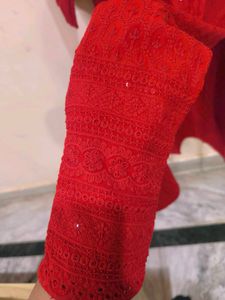 Red Embroidered chikankari Kurti