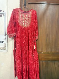 red flowing dress
